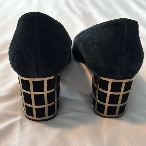 BRIAN ATWOOD Karina pumps black suede shoes
gold tone caged block heels size 7.5 - Picture 9 of 15